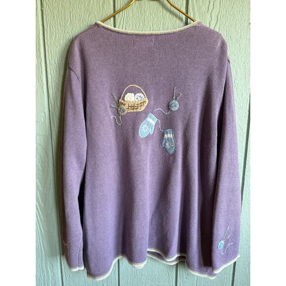 Vintage Hand Embroidered Winter Knit Theme Cardigan – 2X – Lilac Zip Up Sweater - Picture 6 of 6